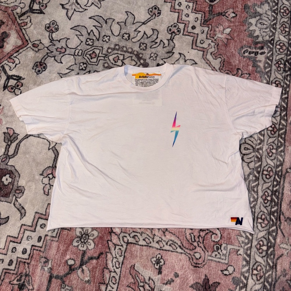 Aviator Nation White XL T-Shirt with Colorful Lightning Bolt, cropped